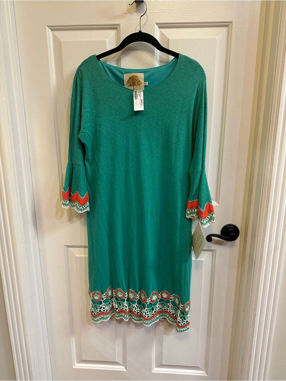 Judith March Teal Embroidered Bell-Sleeve Dress NWT